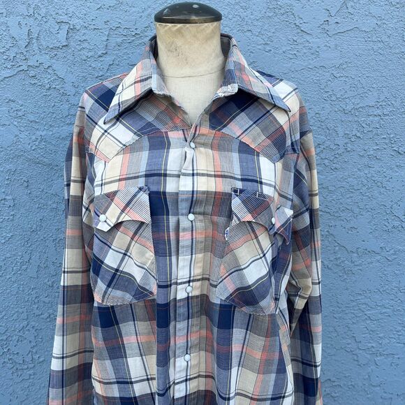Mens 70s Levis Plaid Pearl Snap in Large Blue and Pink Western Shirt - Picture 1 of 9